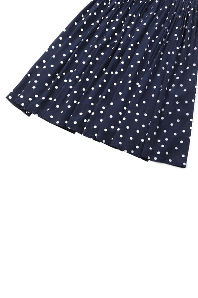 Close up view of Estelle Midnight Blue Polka Dot Midi Skirt