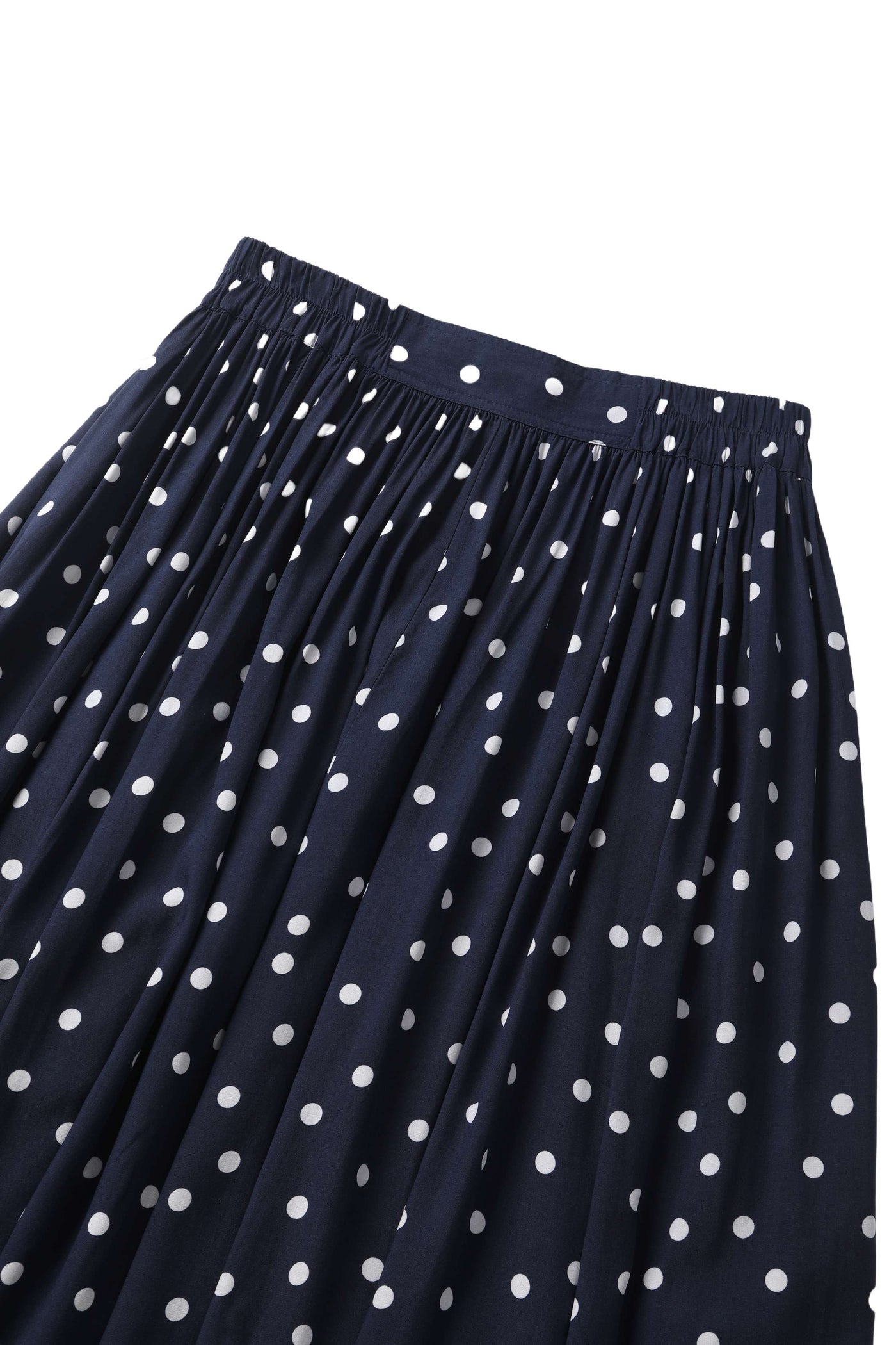 Close up view of Estelle Midnight Blue Polka Dot Midi Skirt