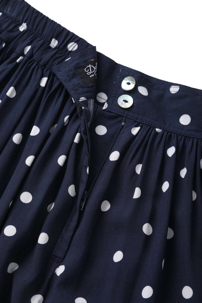 Zipper of Estelle Midnight Blue Polka Dot Midi Skirt