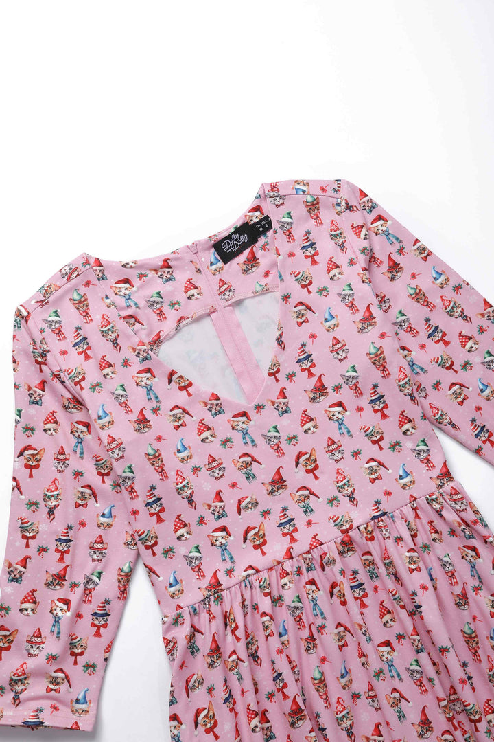 white christmas dresses Festive Pink Christmas Cat Flared Dress