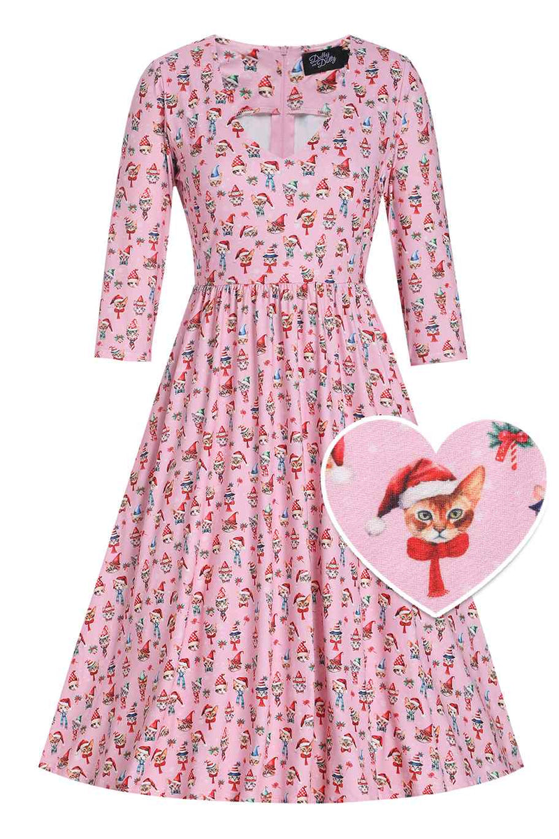 Festive Pink Christmas Cat Flared Dress