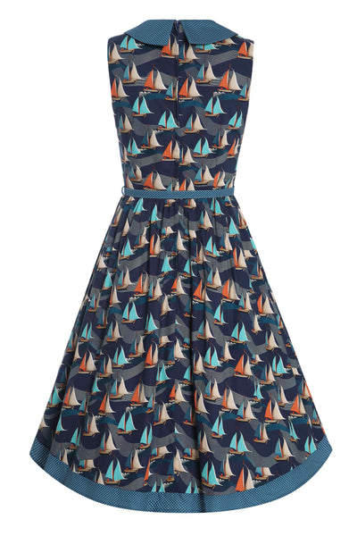 Back View of Fifties Navy Blue Sailboat Shirt Dress