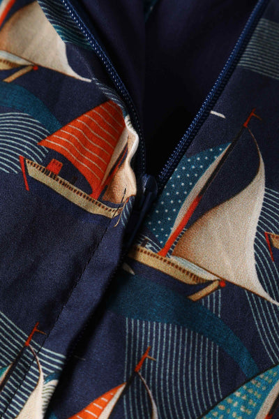 Close up View of Fifties Navy Blue Sailboat Shirt Dress