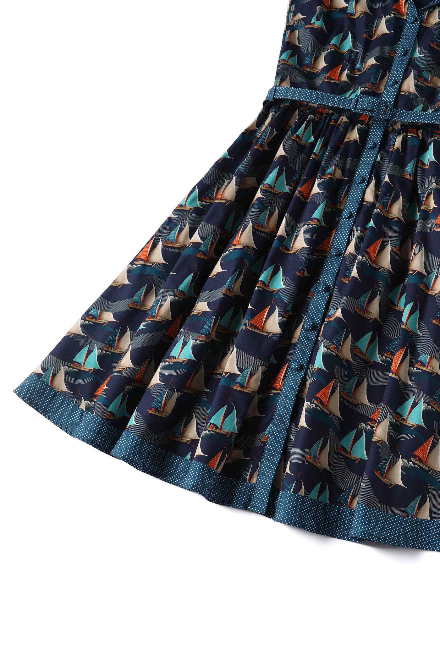 Close up View of Fifties Navy Blue Sailboat Shirt Dress