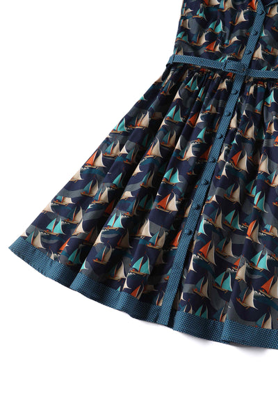 Close up View of Fifties Navy Blue Sailboat Shirt Dress