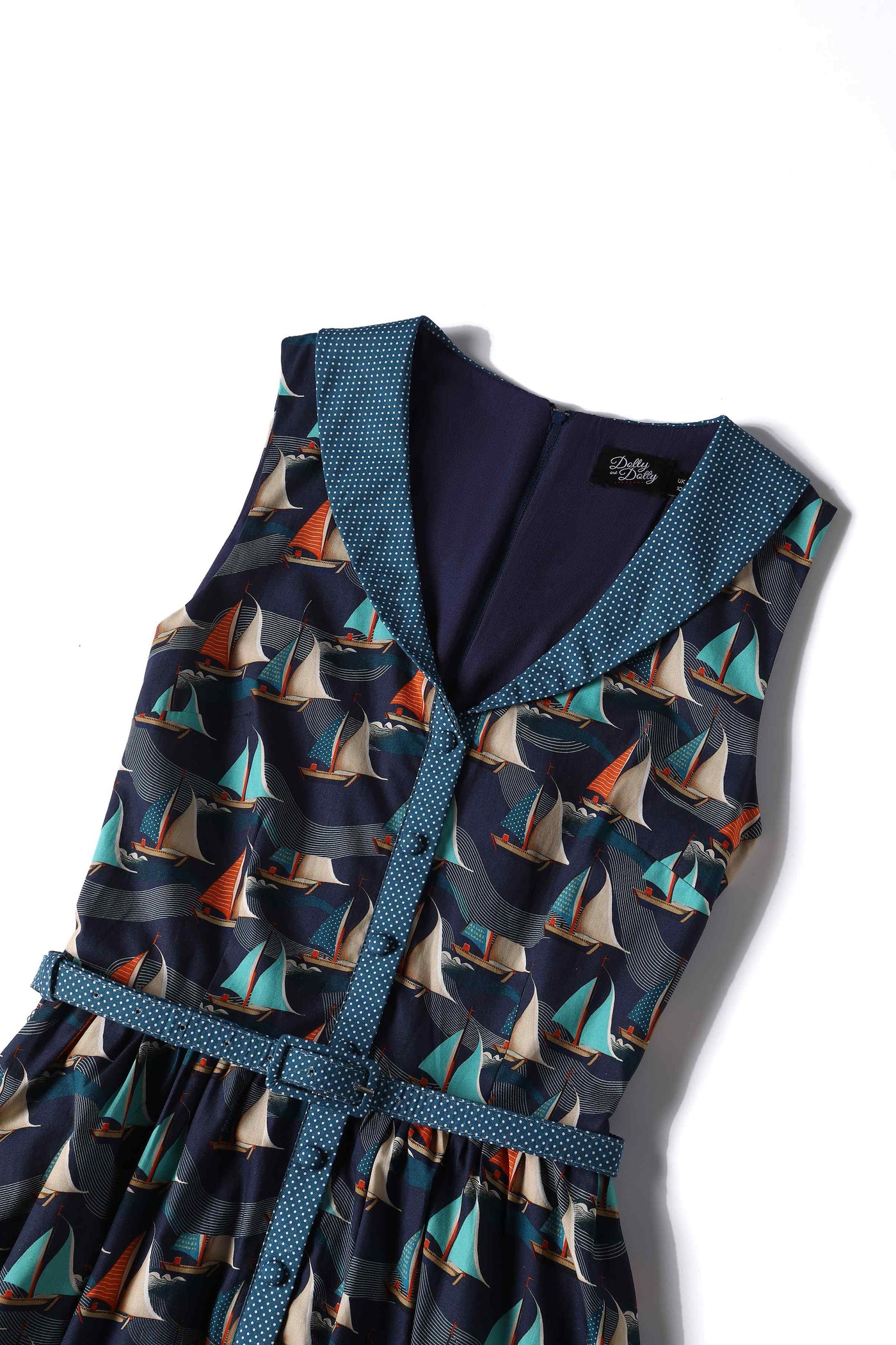 Close up View of Fifties Navy Blue Sailboat Shirt Dress