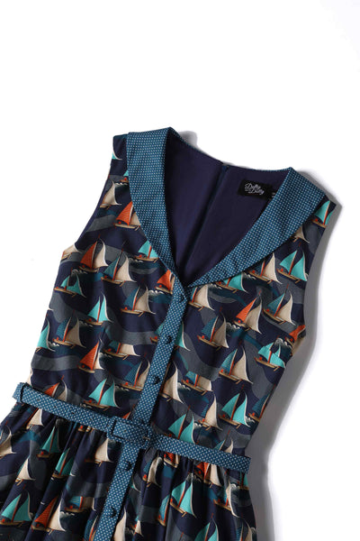 Close up View of Fifties Navy Blue Sailboat Shirt Dress