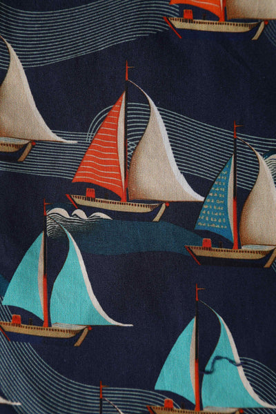 Close up View of Fifties Navy Blue Sailboat Shirt Dress