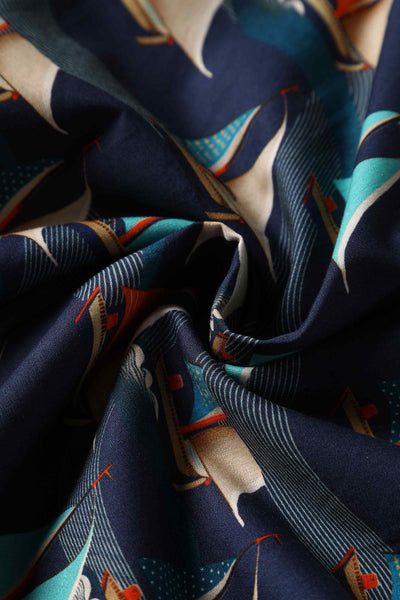 Close up View of Fifties Navy Blue Sailboat Shirt Dress