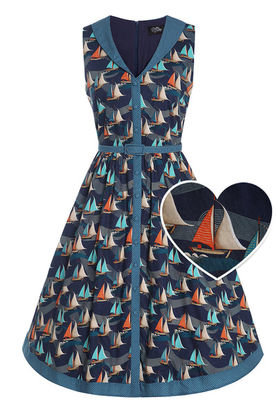 Front view of Fifties Navy Blue Sailboat Shirt Dress