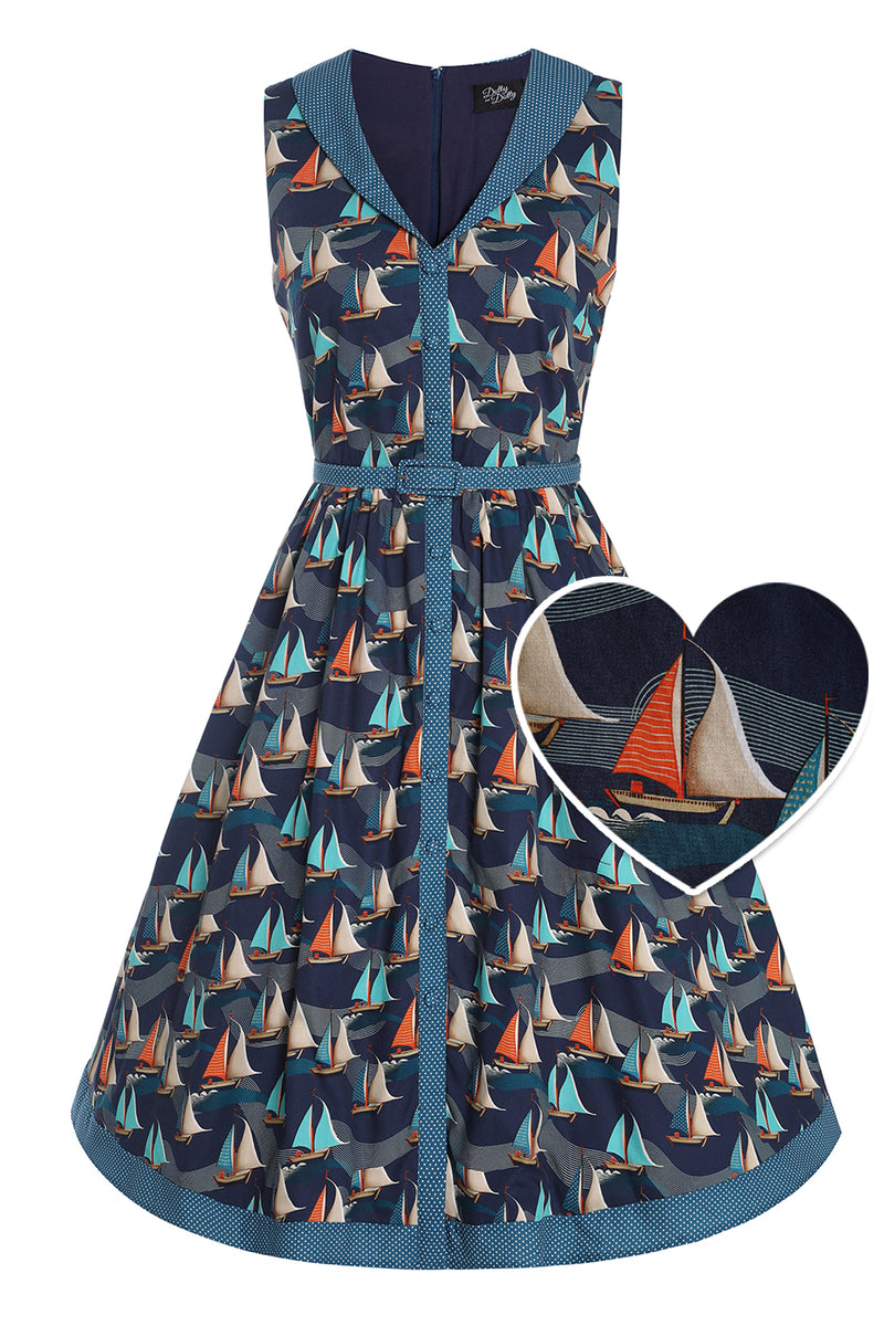 Front view of Fifties Navy Blue Sailboat Shirt Dress