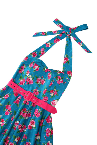 Close up view of Fifties Style Rose Halter Dress