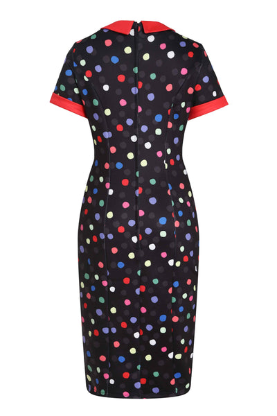 Back view of Fitted Collar Dress in Colourful Polka Print