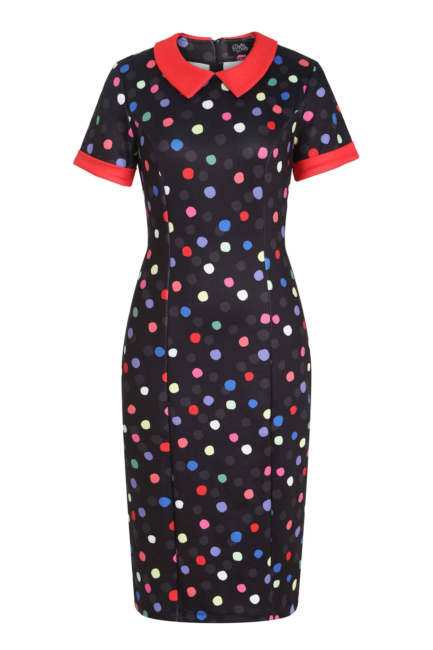 Front view of Fitted Collar Dress in Colourful Polka Print