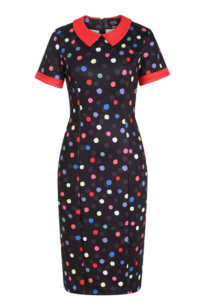 Front view of Fitted Collar Dress in Colourful Polka Print