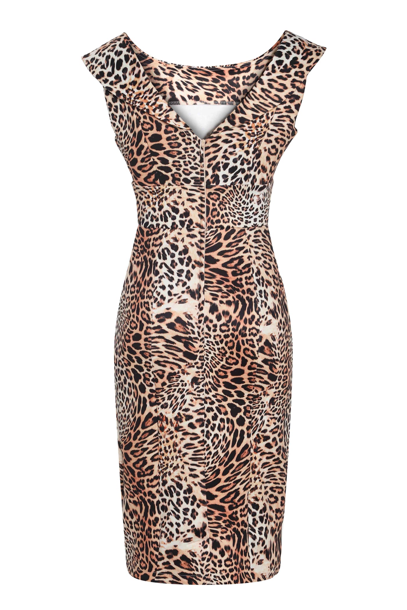 Back view of Fitted Roll Collar Dress in Leopard Print
