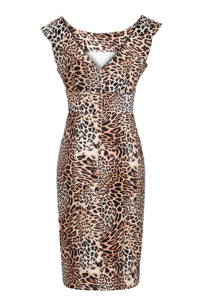 Back view of Fitted Roll Collar Dress in Leopard Print