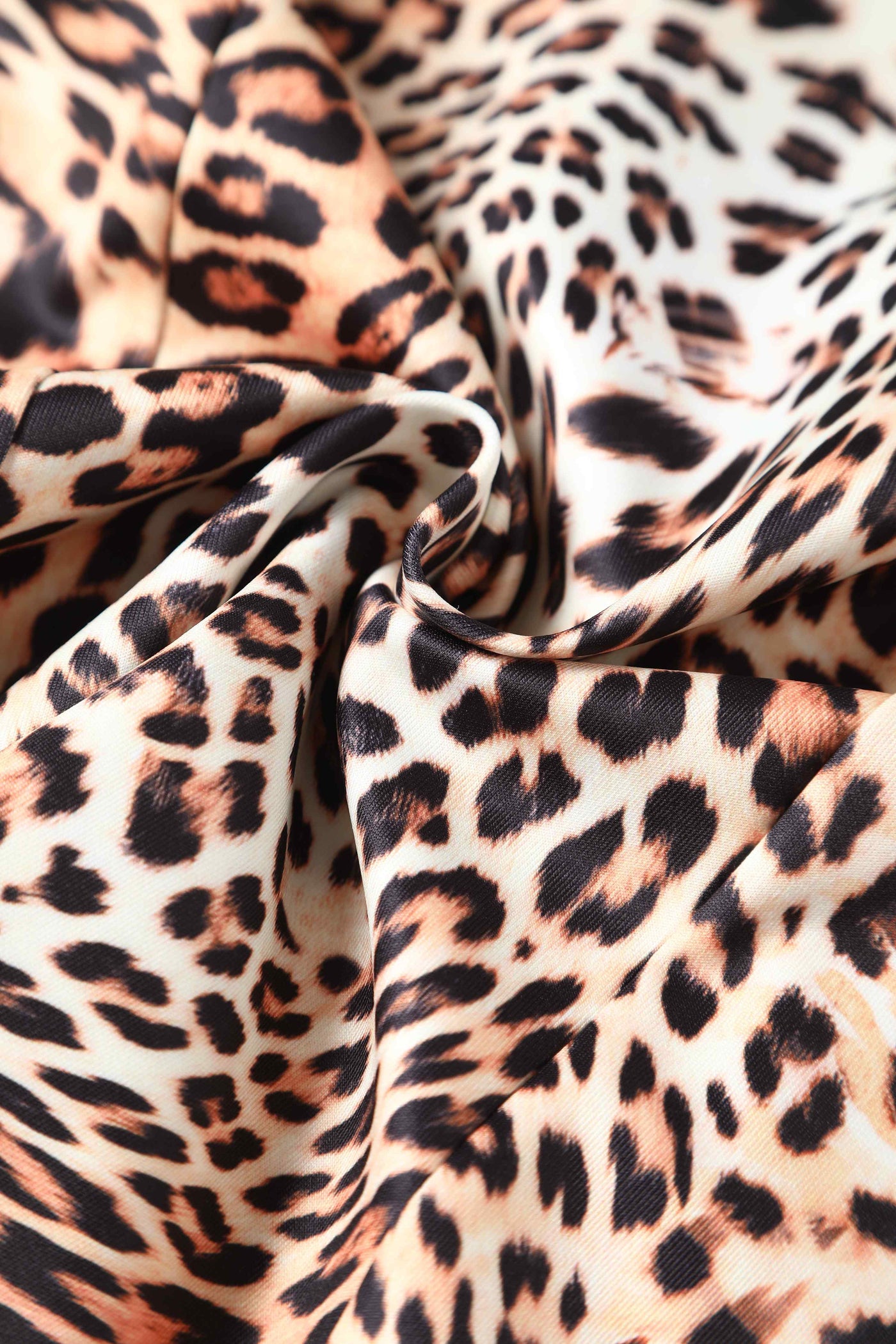 Close up view of Fitted Roll Collar Dress in Leopard Print