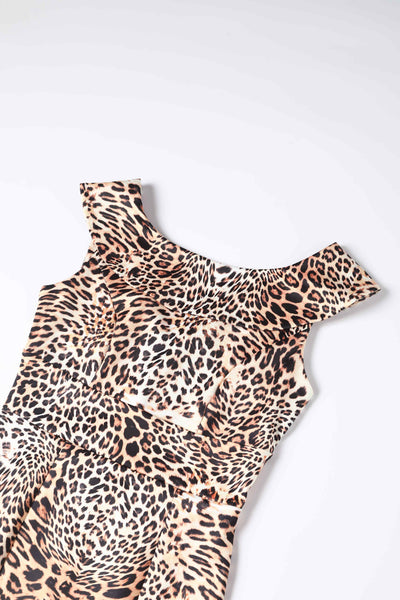 Close up view of Fitted Roll Collar Dress in Leopard Print