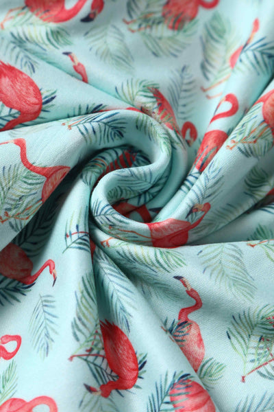 Close Up View of Flamingo Baby Blue Wrap Dress