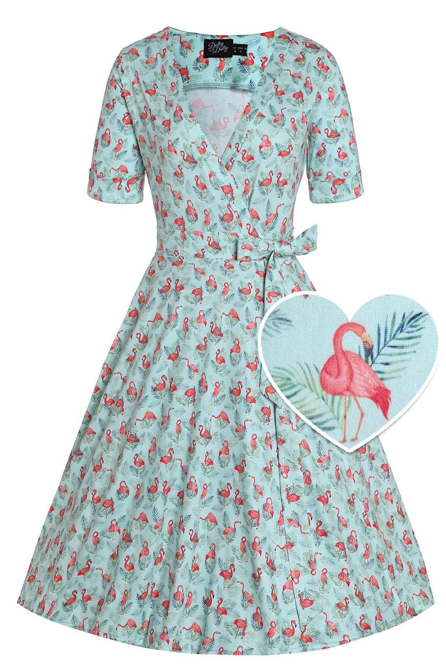 Front View of Flamingo Baby Blue Wrap Dress