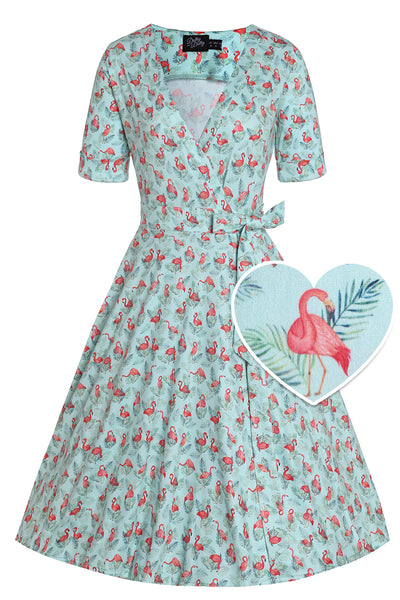 Front View of Flamingo Baby Blue Wrap Dress