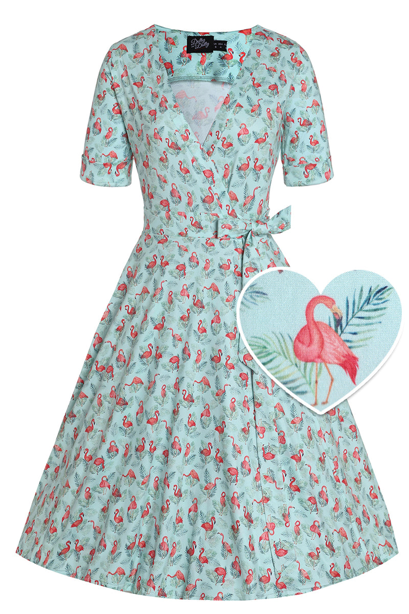 Front View of Flamingo Baby Blue Wrap Dress