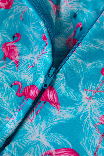 Close up View of Flamingo Blue Off Shoulder Dress