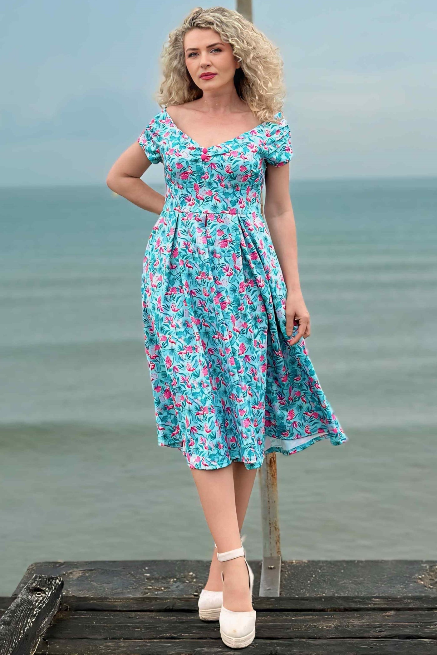 blue dress with pink flamingos NWOT 19 Cooper blue & pink flamingo print