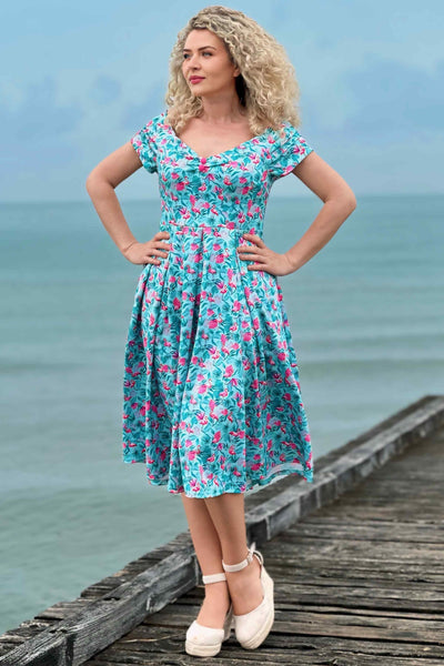Model photo of Flamingo Blue Off Shoulder Dress