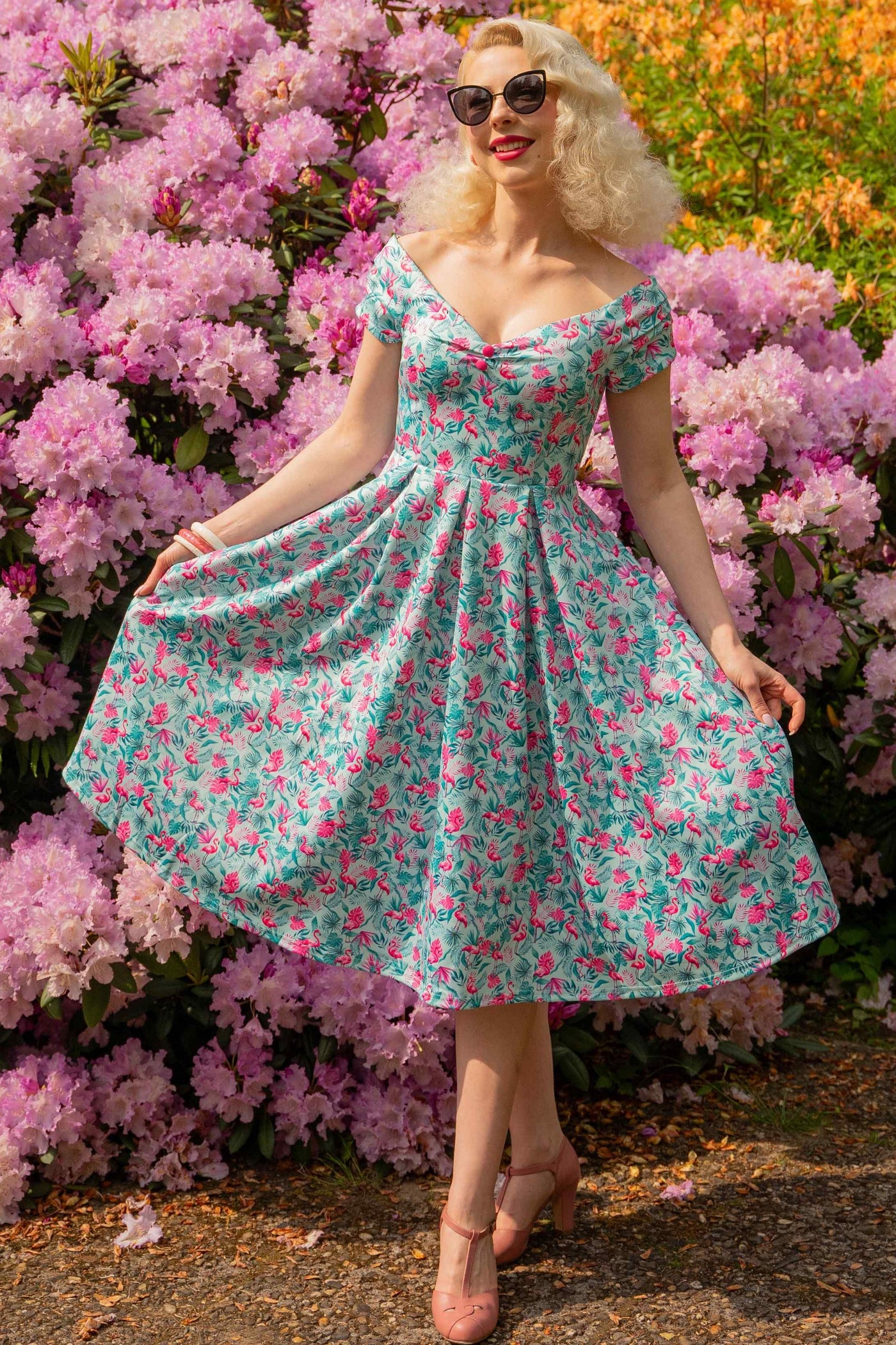 blue dress with pink flamingos Breathable Flamingo Long-sleeve Golf Dresses For Women