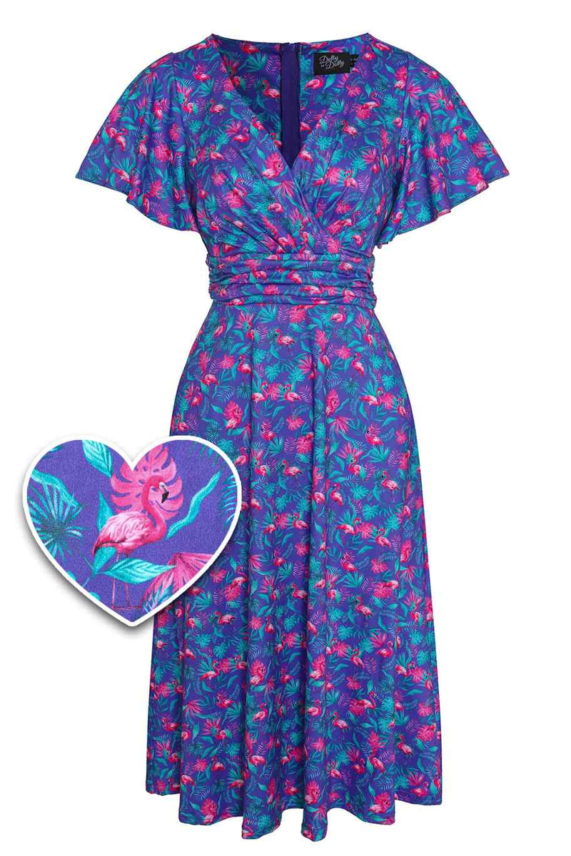 Front view of Purple Flamingo Crossover Bust Tea Dress
