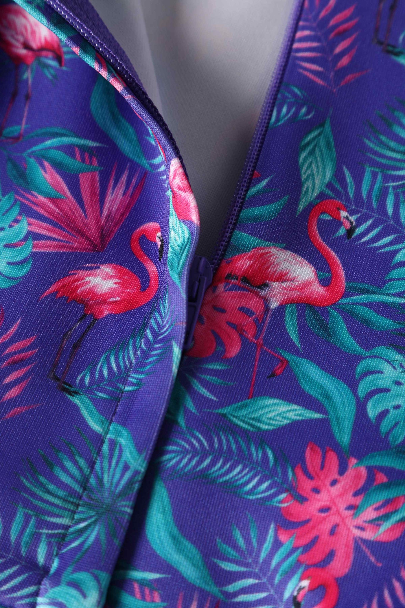 Close up View of Flamingo Flared Dress in Purple