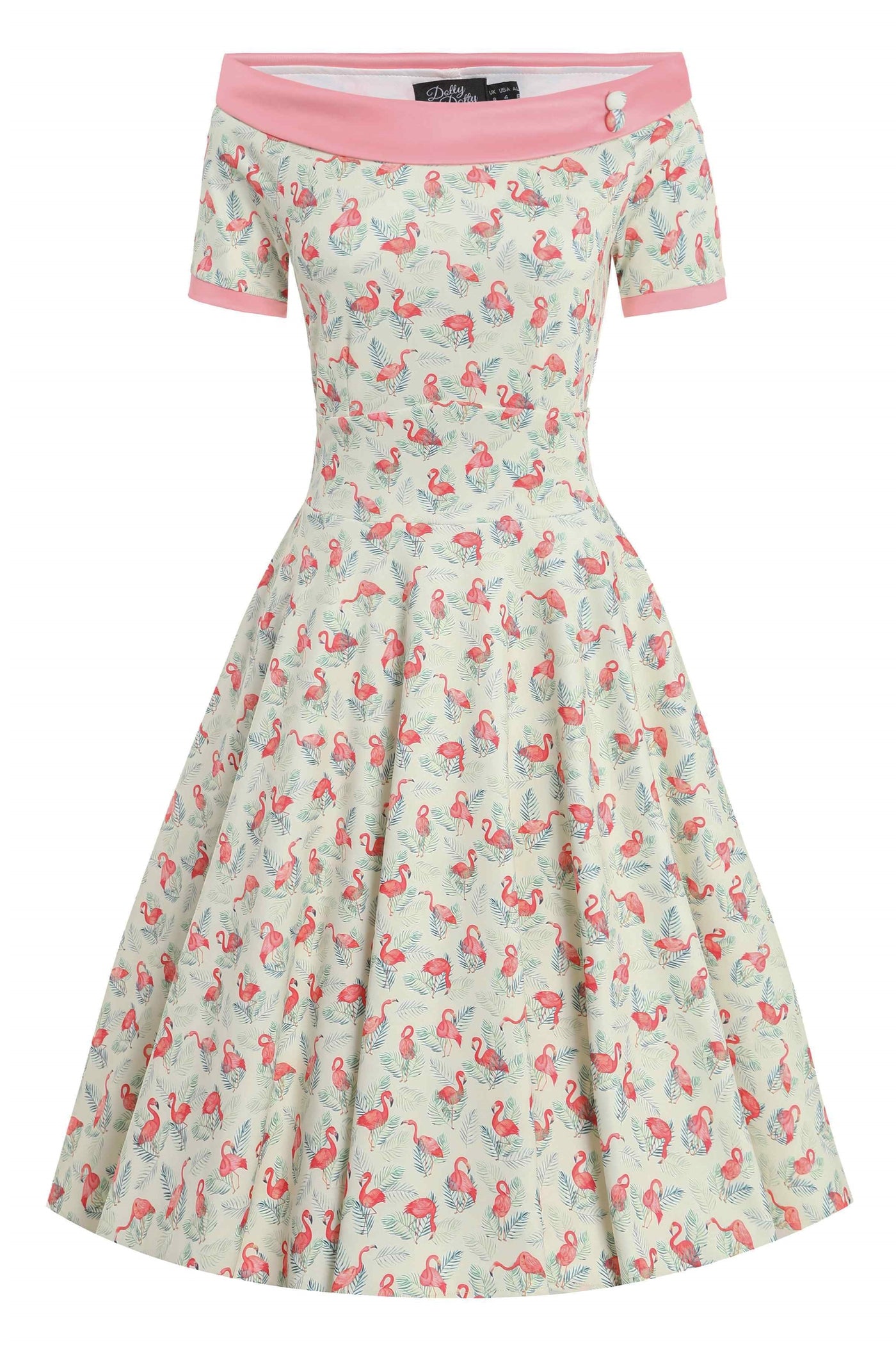 Front view of Pink Flamingo Off Shoulder Dress