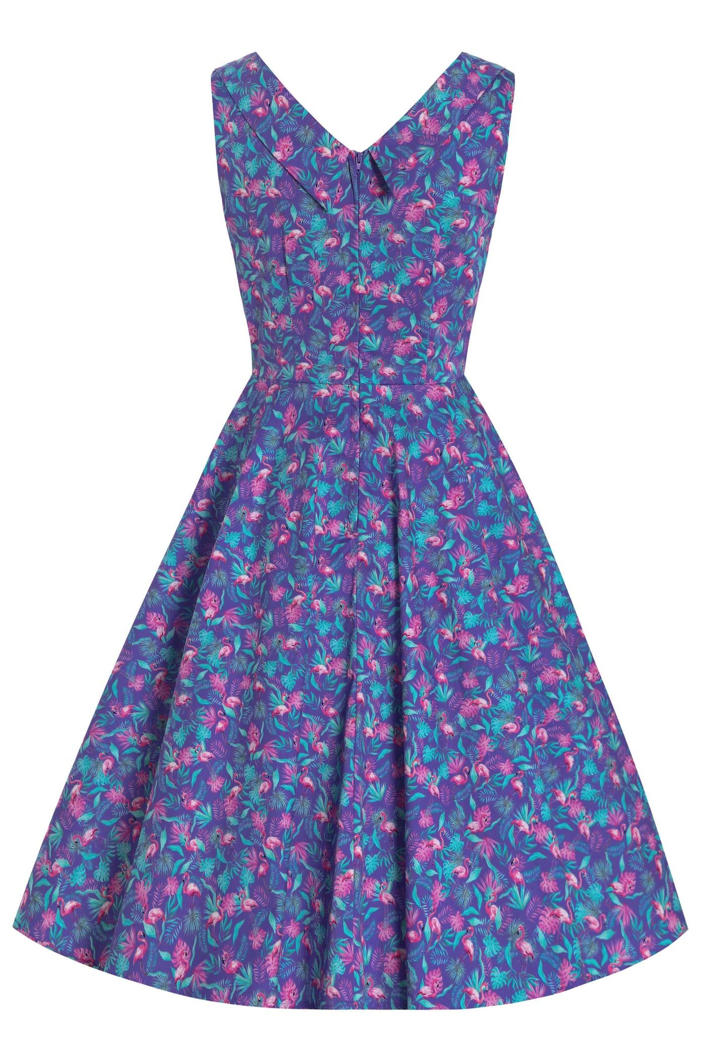 Back View of Flamingo Pleated Bust Dress in Purple