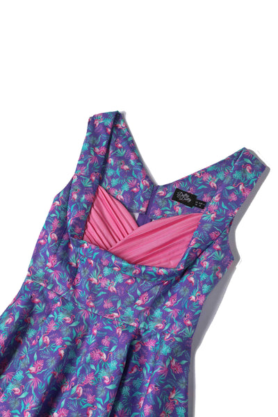 Close up View of Flamingo Pleated Bust Dress in Purple