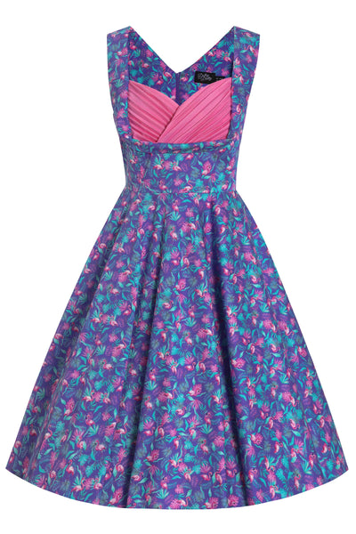 Front View of Flamingo Pleated Bust Dress in Purple