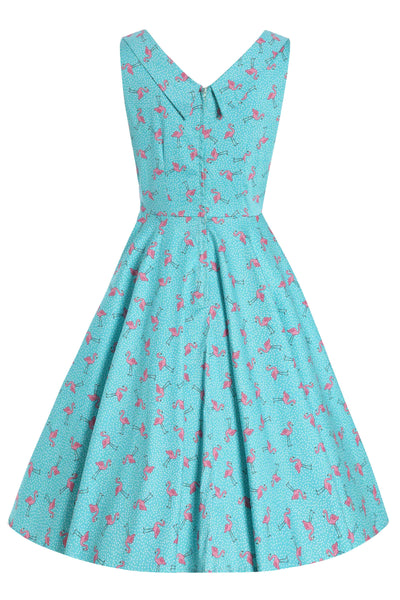 Back View of Flamingo Pleated Bust Dress in Turquoise