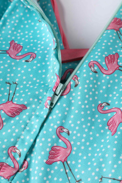 Close up View of Flamingo Pleated Bust Dress in Turquoise