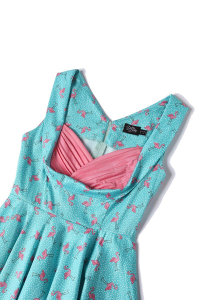 Close up View of Flamingo Pleated Bust Dress in Turquoise
