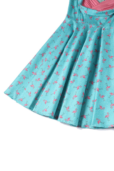 Close up View of Flamingo Pleated Bust Dress in Turquoise