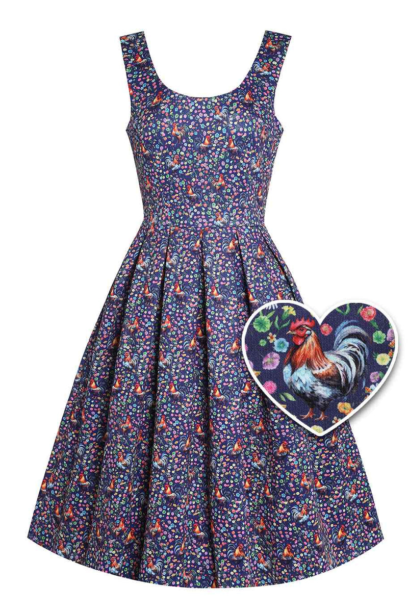 Flared Dress in Purple Floral Rooster Print