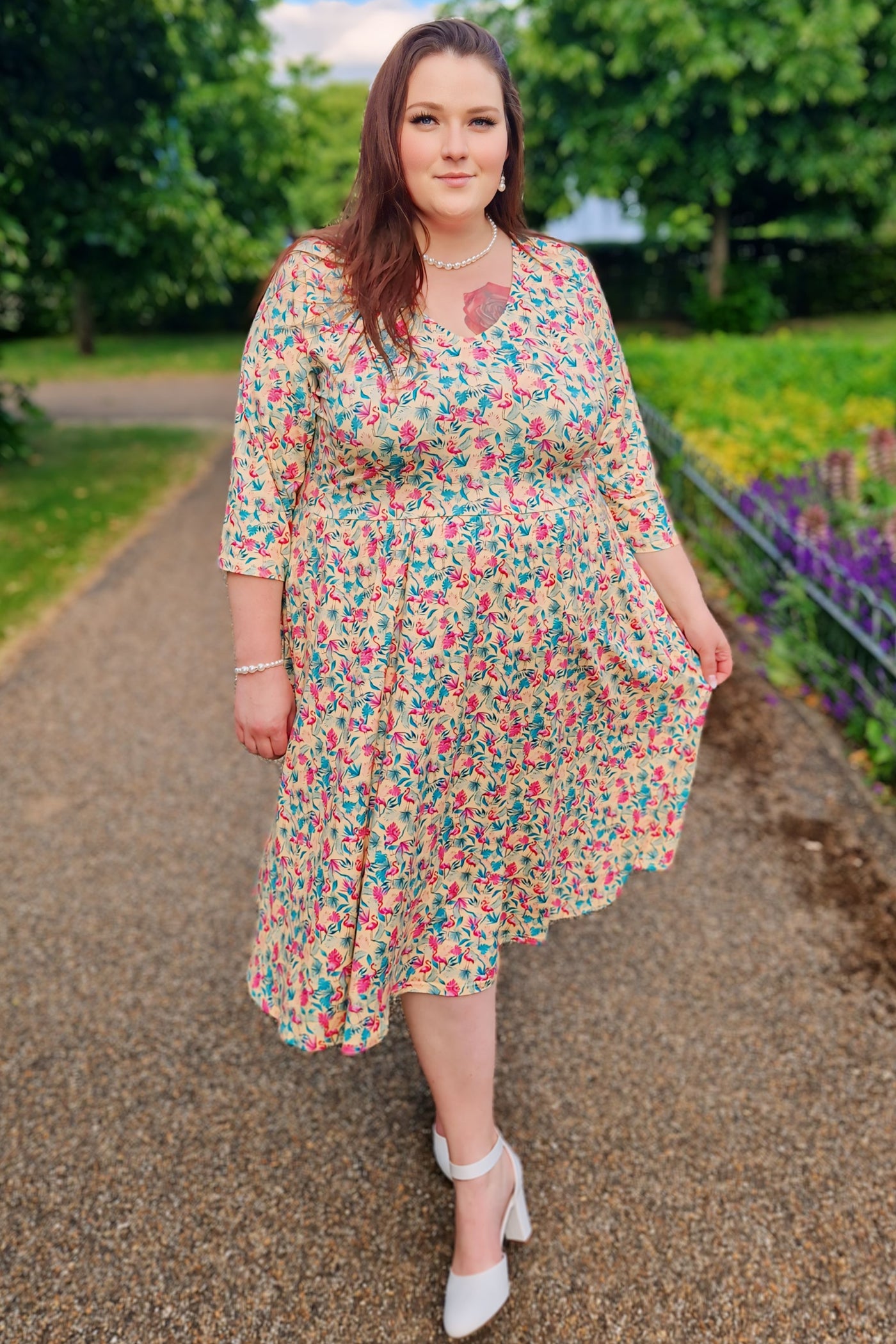 Model photo of Flock Star Flamingo Flared Dress