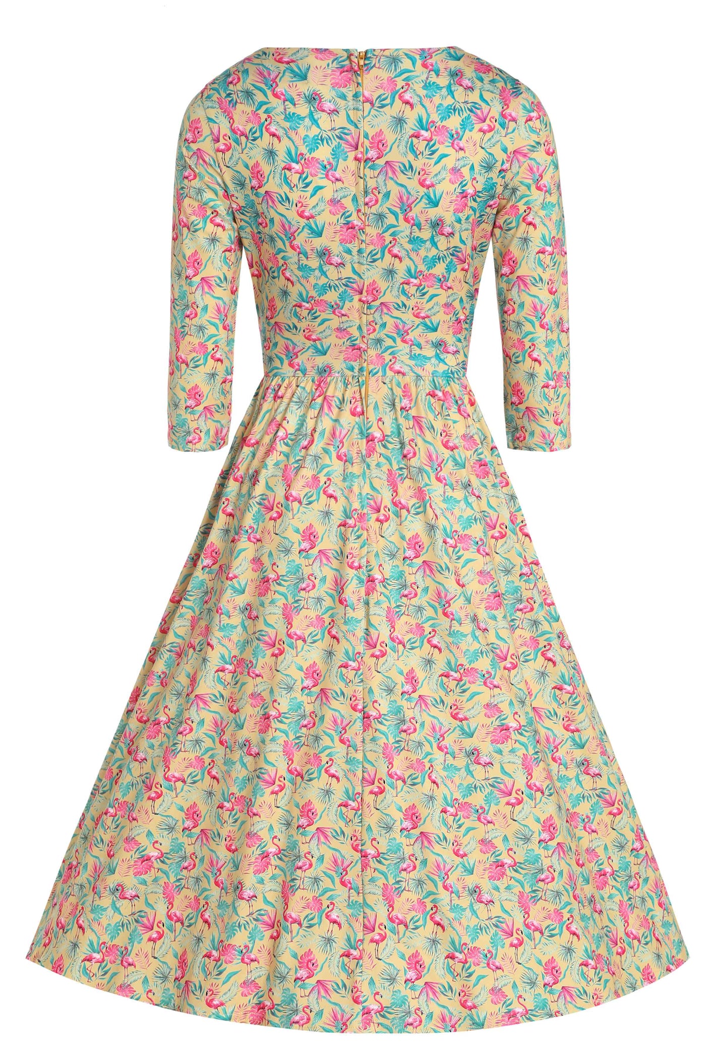 Back view of Flock Star Flamingo Print Flared Dress in Yellow