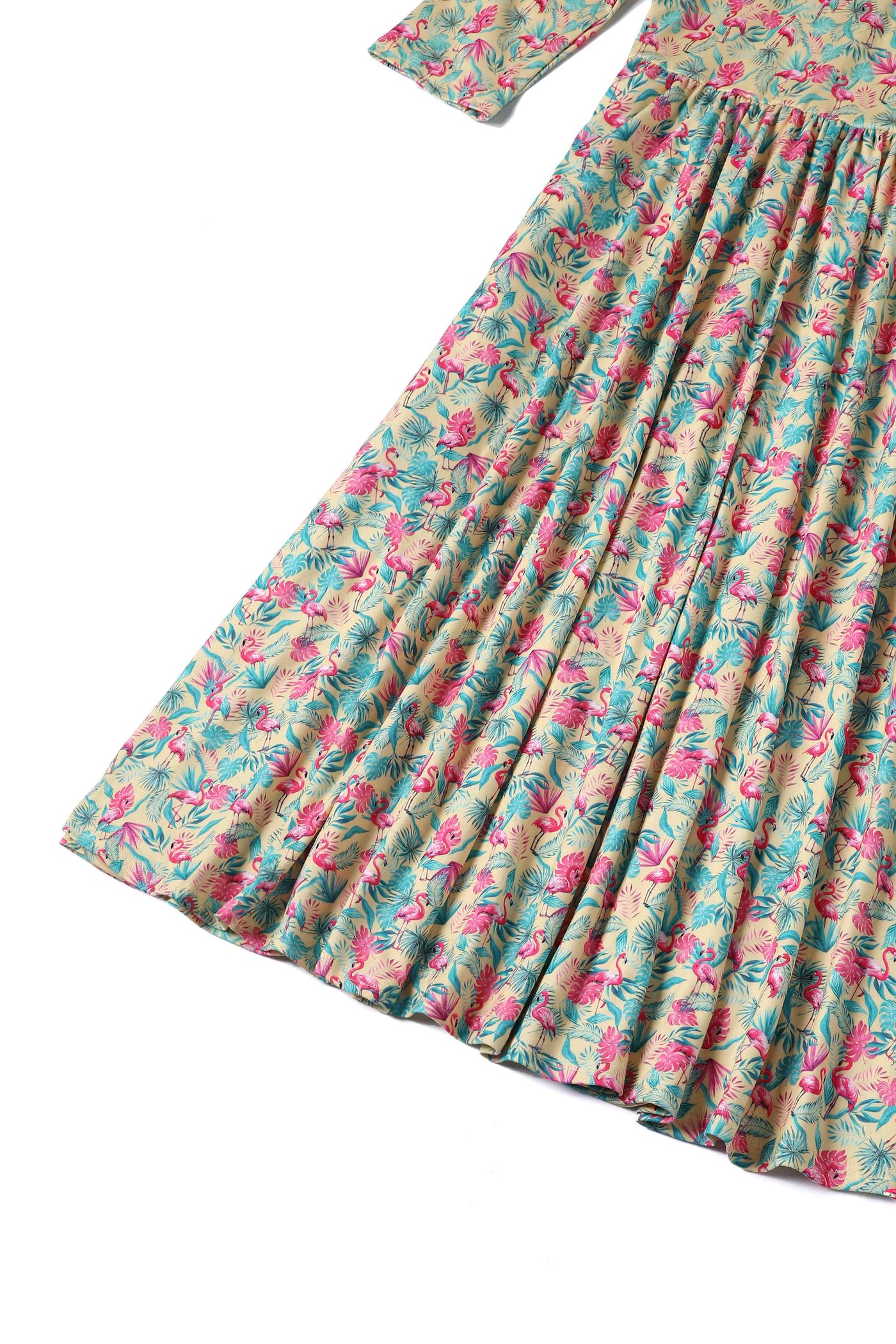 Close up view of Flock Star Flamingo Print Flared Dress in Yellow
