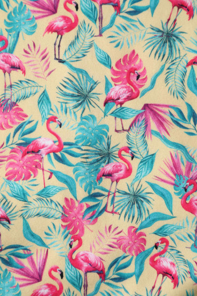 Close up view of Flock Star Flamingo Print Flared Dress in Yellow