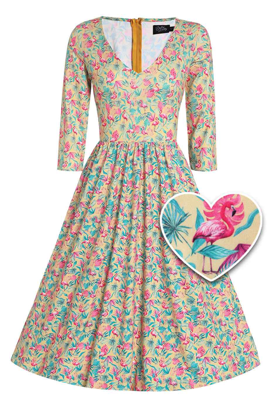 Front view of Flock Star Flamingo Print Flared Dress in Yellow