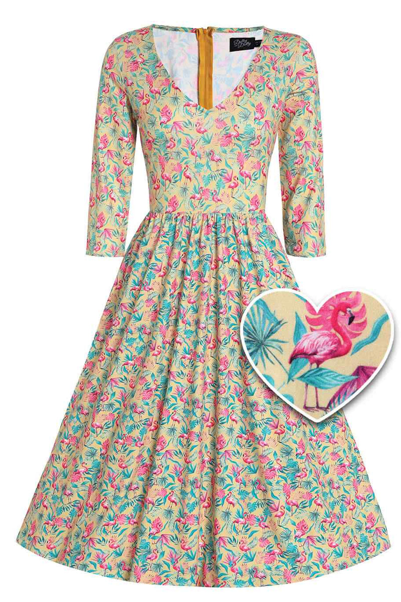 Front view of Flock Star Flamingo Print Flared Dress in Yellow