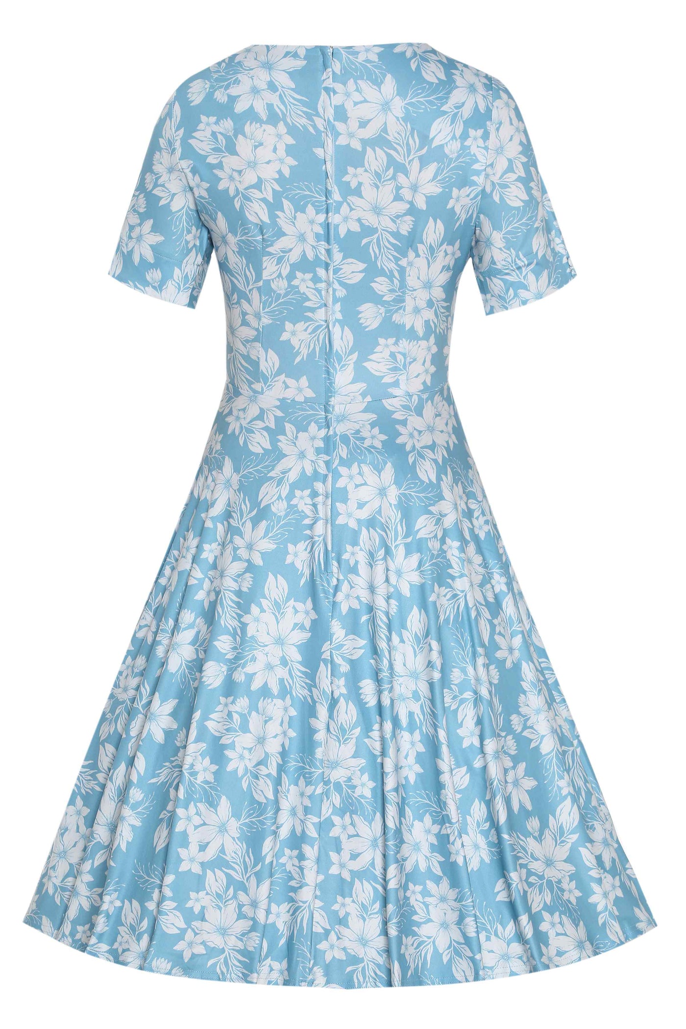 Back  View of Floral A-line Dress in Light Blue