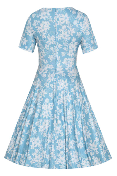Back  View of Floral A-line Dress in Light Blue